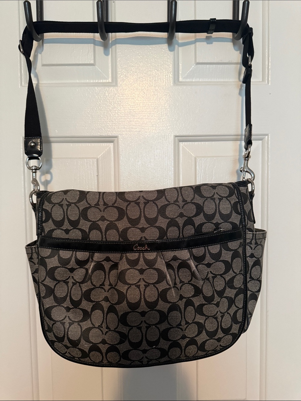 Coach Gray and Black Signature Canvas Crossbody with fuchsia pink interior